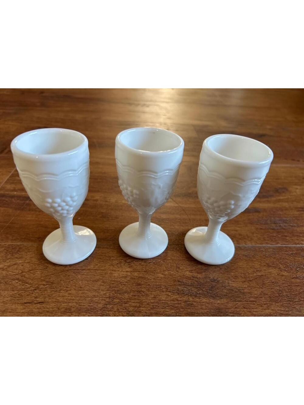 Set of 3 Vintage White Milk Glass Goblets with Grape Design